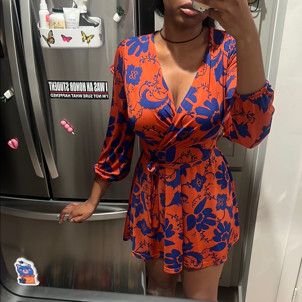 Floral Wrap Dress in Orange and Blue